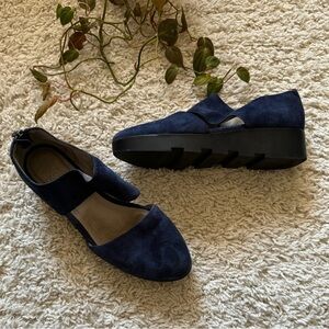 Eileen Fisher Marlow Wedge Mary Janes Loafers Size 7.5 Blue Suede Zipper